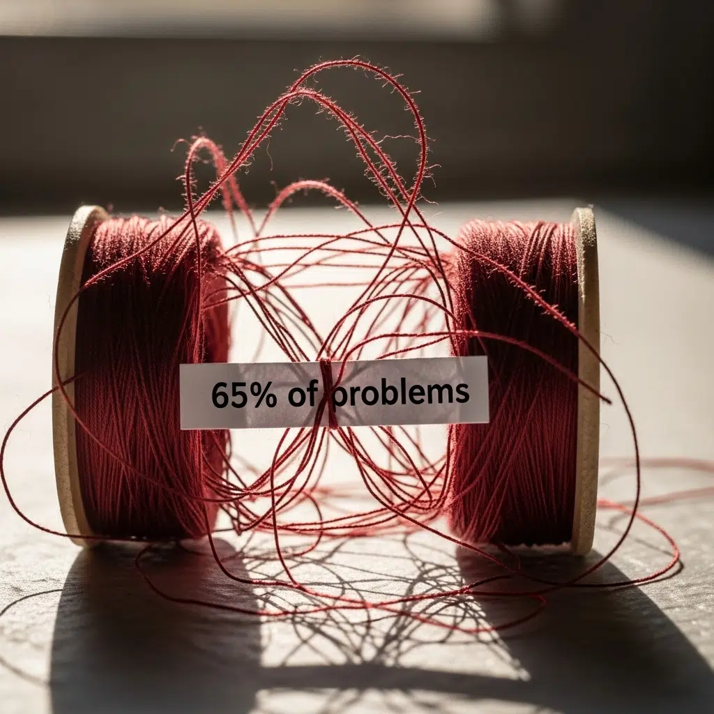 Bobine fil cassée, étiquette '65%'