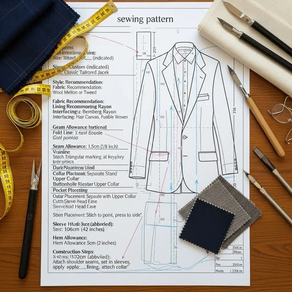 Patron de couture annoté avec accessoires
