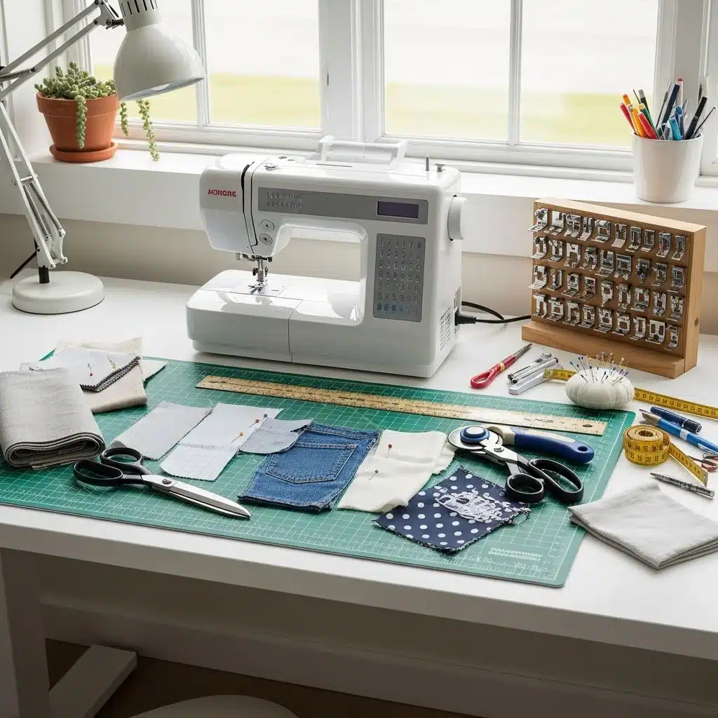 Machine à coudre et échantillons de tissus