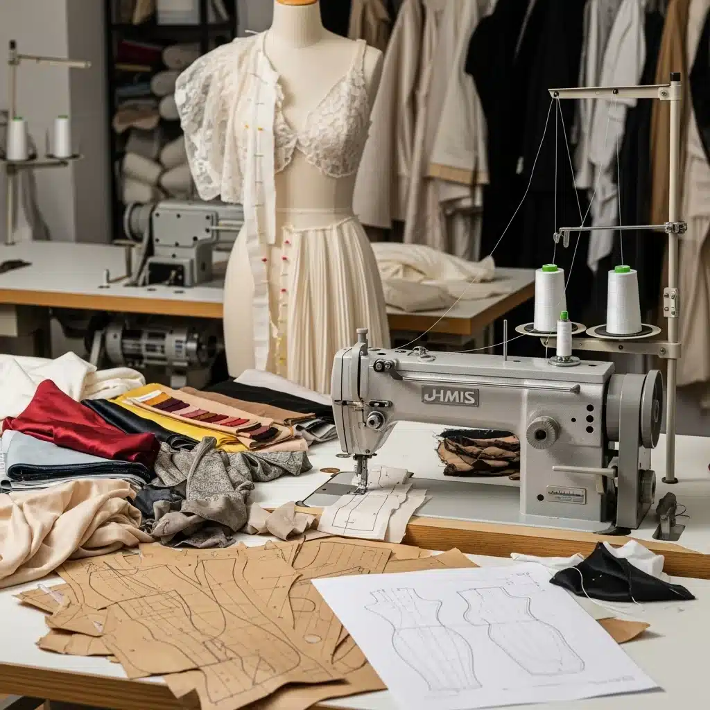 Machine couture industrielle, robe en création