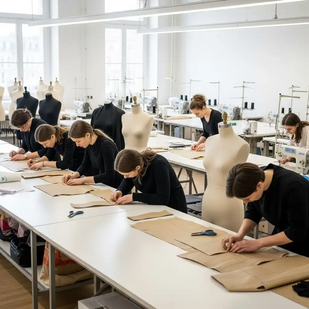 Étudiants ESMOD examinant patrons couture