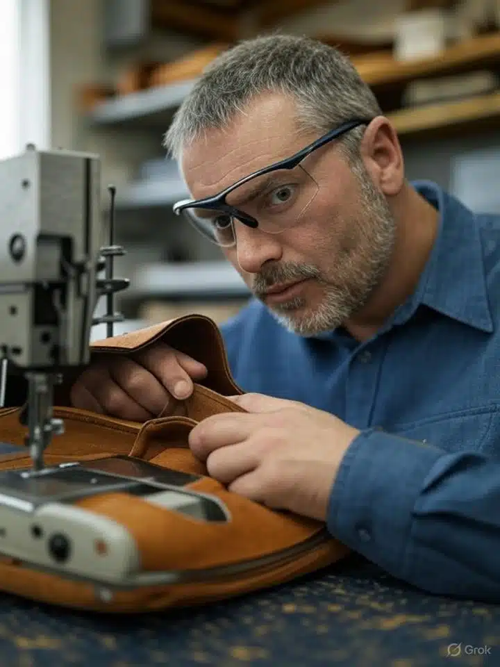 Artisan cuir cousant sac sur machine industrielle