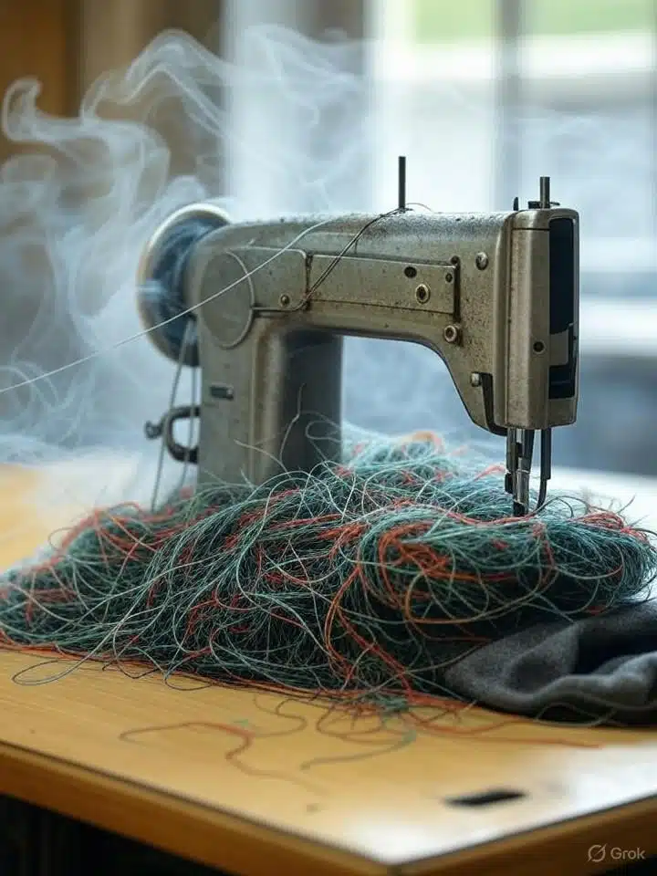 Machine tapissier fumante, tissu bloqué