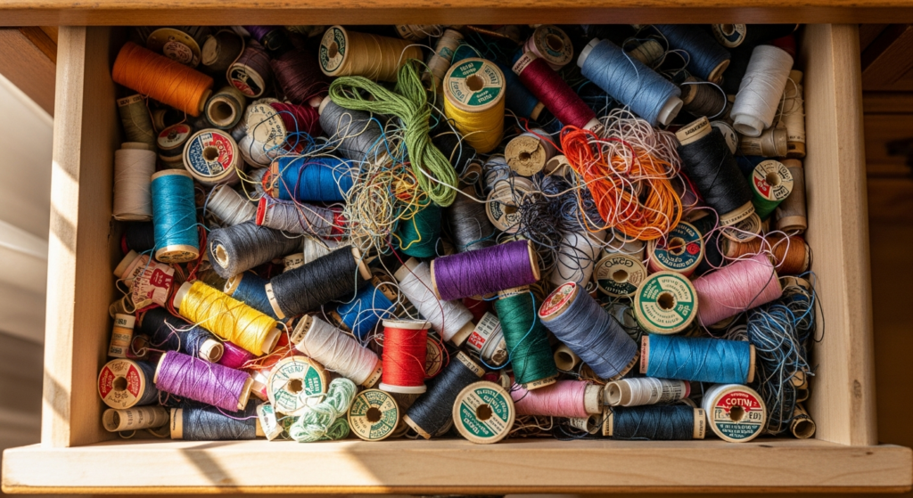 Tiroir désordonné de bobines de fil
