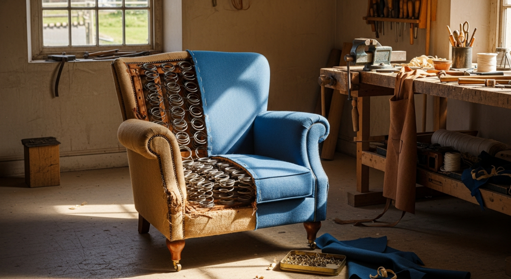 Fauteuil ancien, moitié restauré