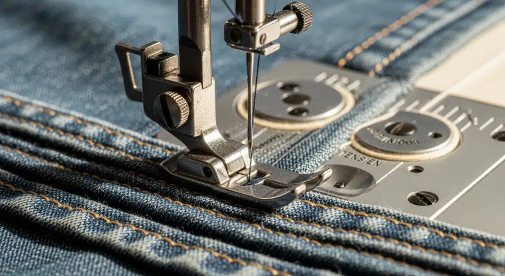 Gros plan pied marcheur et griffes cousant jean