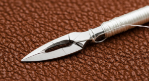 Aiguille cassée et fil emmêlé sur cuir abîmé